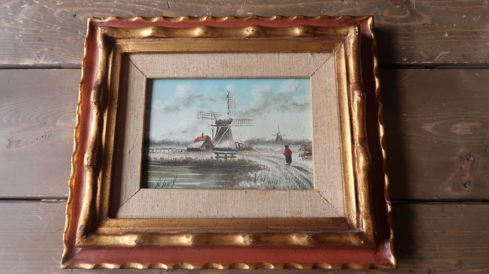 Small ANTIQUE Signed Outsider Art Painting Dutch WINDMILL Wood Slate