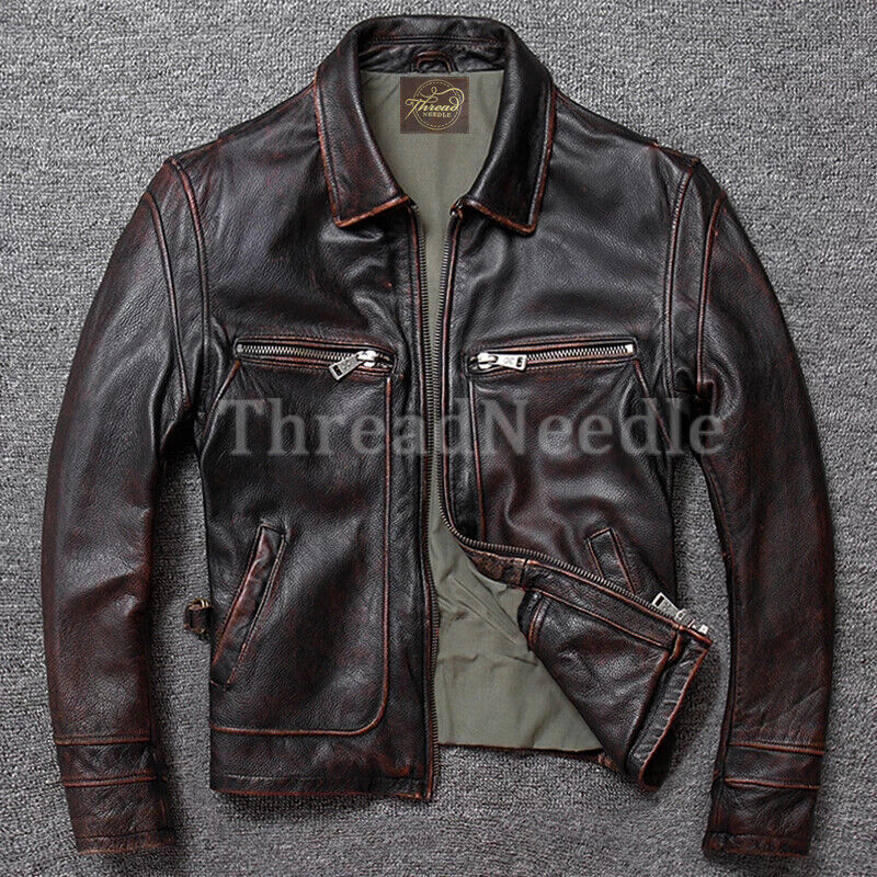 Men's Vintage Style Distressed Black Motorcycle Slim Fit Biker Leather Jacket