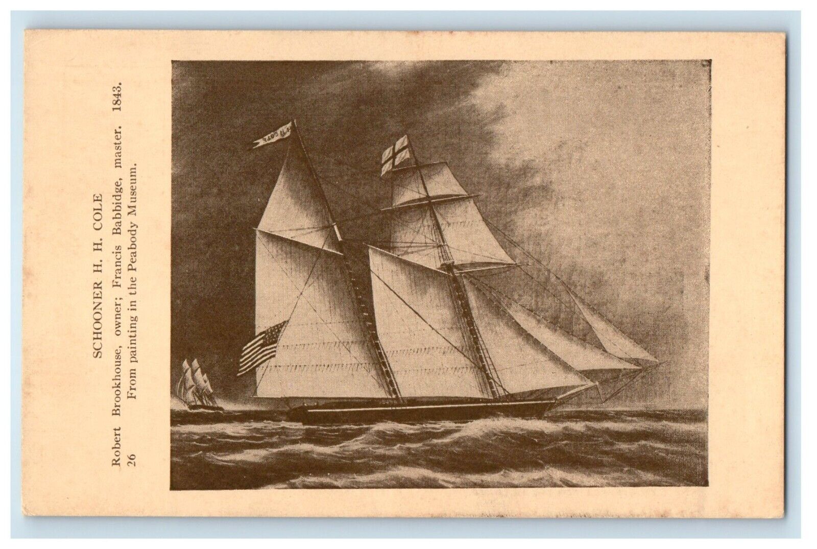 Schooner Ship H.H Cole Robert Brookhouse From Painting Peabody Musuem Postcard