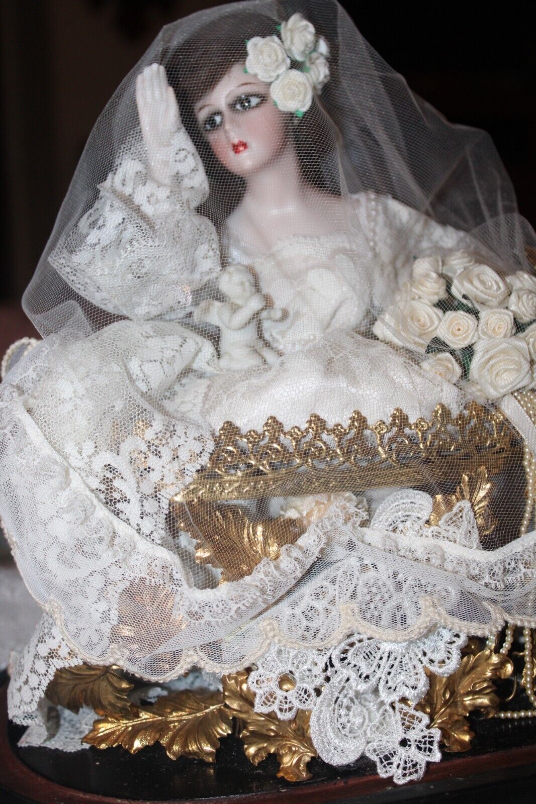 OOAK Antique French Half Doll Bride on Golden Ormolu Globe de Mariee Throne