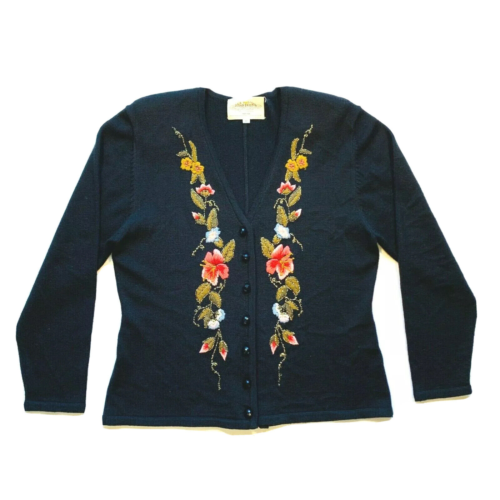 Susan Bristol 1995 Hand Embroidered Floral Cardigan Sweater Wool Blend Sparkle M