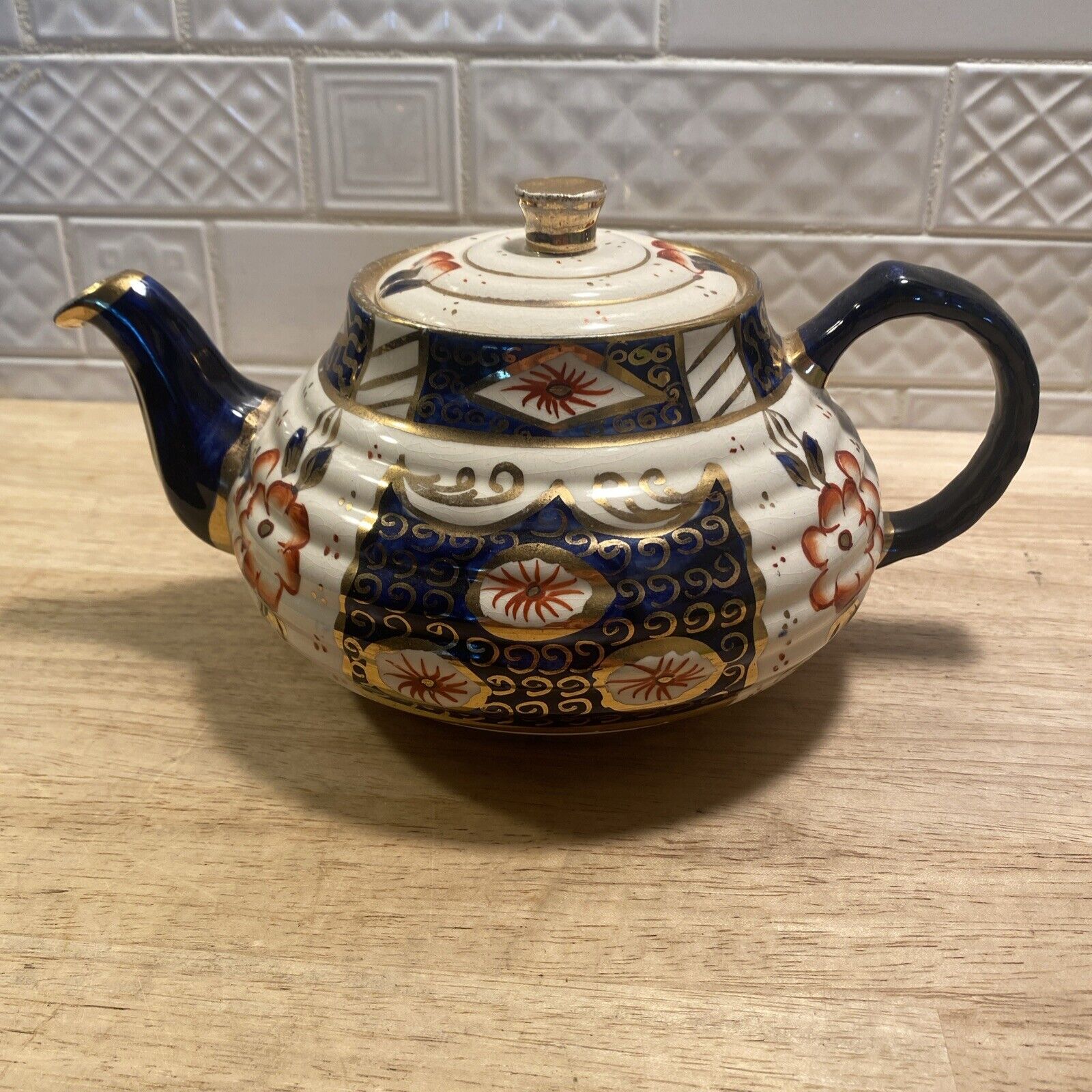 Vintage Sadler Imari Style Teapot Hand Painted Cobalt Blue & Gold w Lid