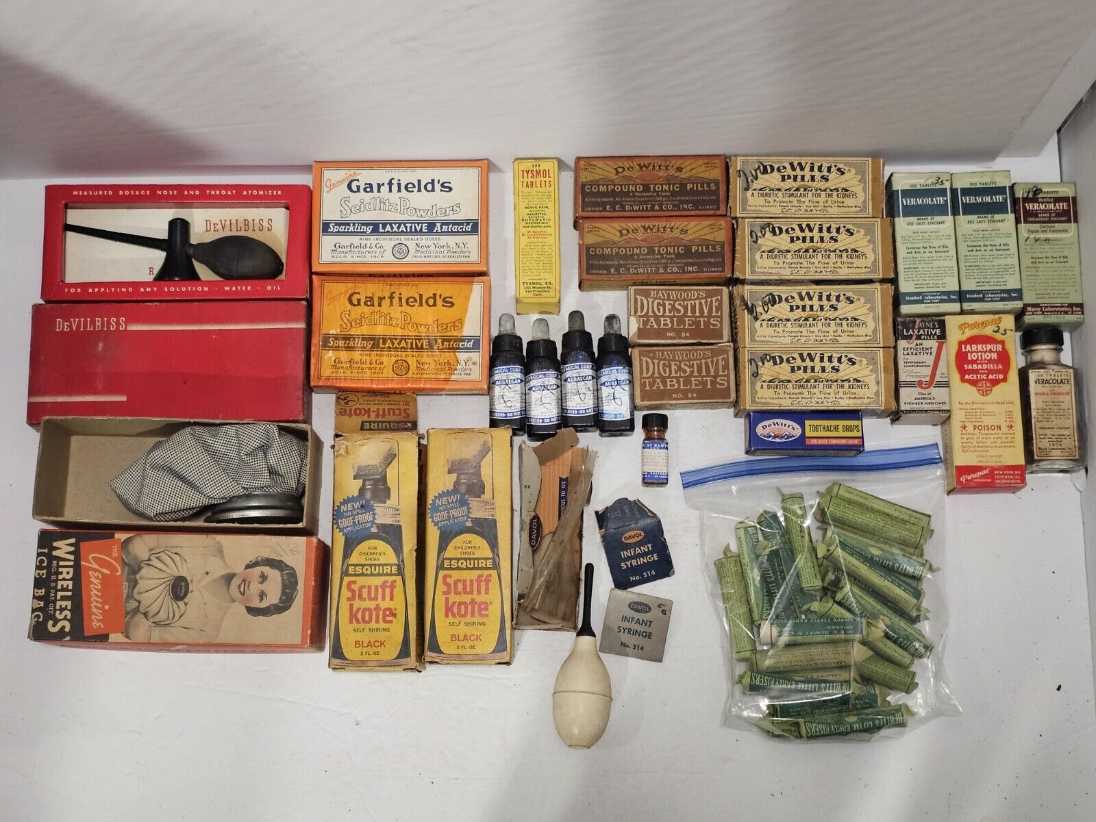 Huge Lot Antique Druggist Pharmacy Apothecary Bottles Boxes DeWitt\'s Garfield\'s