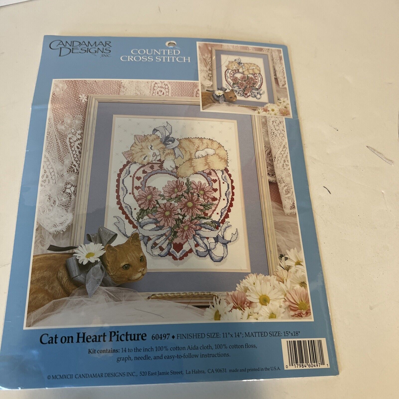 Cat on Heart Picture Counted Cross Stitch Kit by Candamar Designs 60497 A