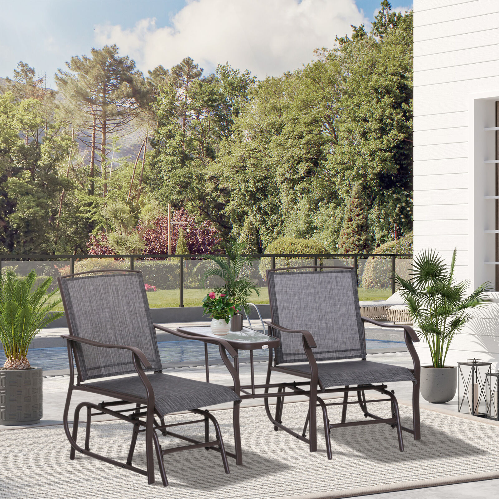 Outdoor Double Patio Rocker Glider Chairs w/Table, Backyard, Garden, Porch Deck