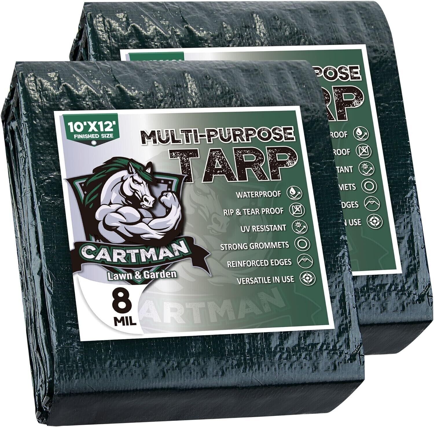 CARTMAN Finished Size 10x12-ft Extra Thick 8 Mil Heavy Duty Poly Tarp Green 2pk