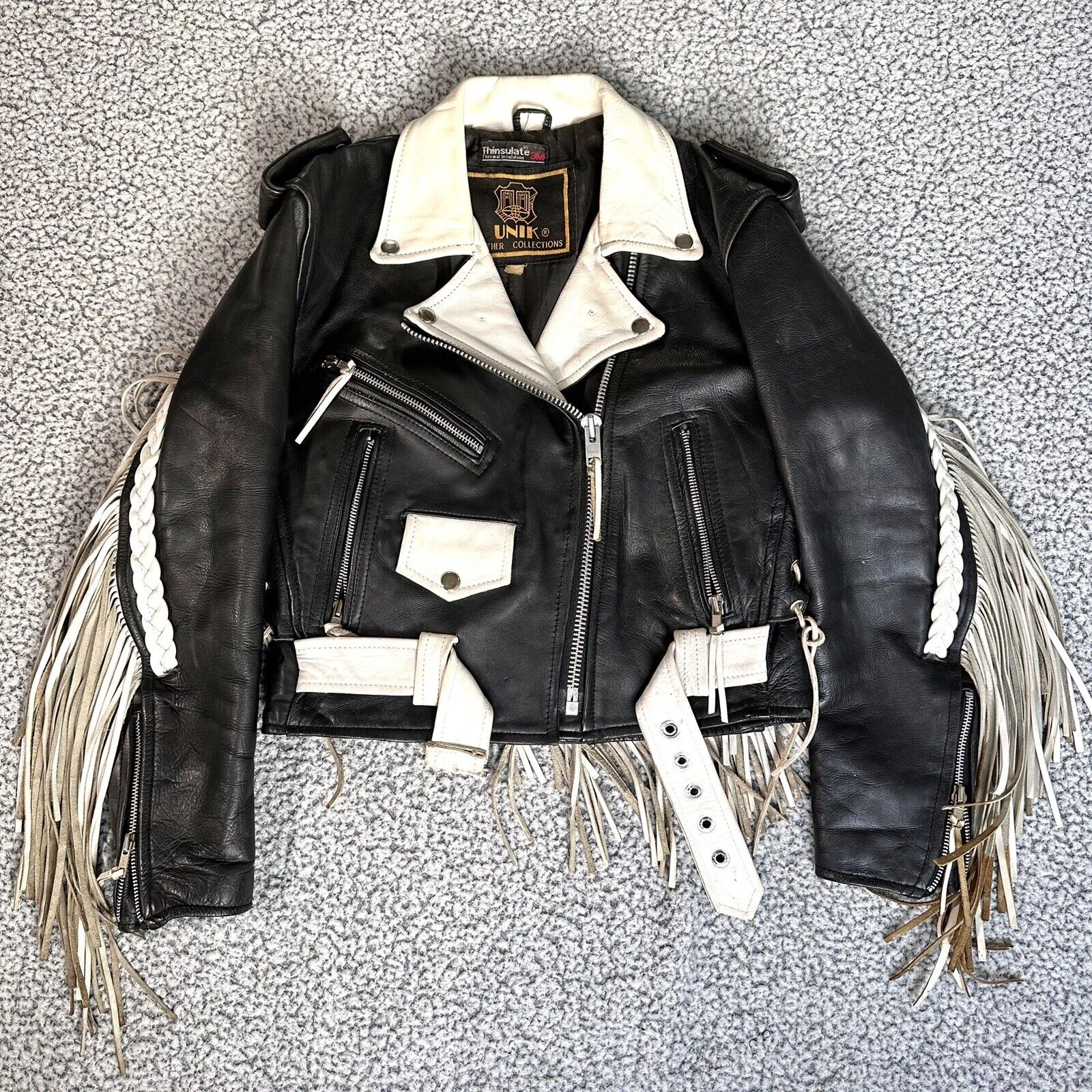 Vtg Unik Women’s Sz M Leather Moto Jacket Fringe Bomber Rocker Urban Cowgirl
