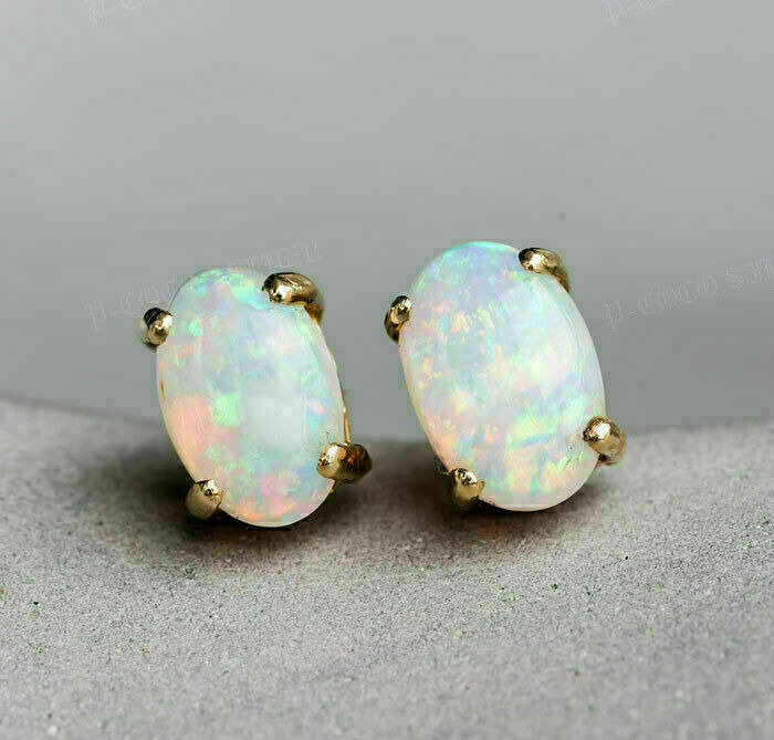 Vintage 2.50Ct Lab Created Oval  Fire Opal Stud Earrings 14K Yellow Gold Plated