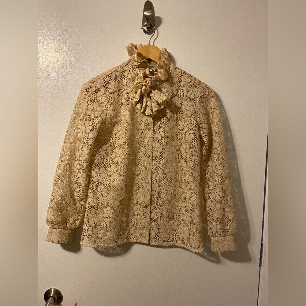 Vintage 70s Catherine Carr Lace Scarf Blouse with Ruffle Neck Size 8