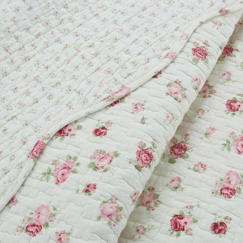 NEW ~ COZY SHABBY CHIC IVORY WHITE PINK RED GREEN LEAF ROMANTIC ROSE QUILT SET
