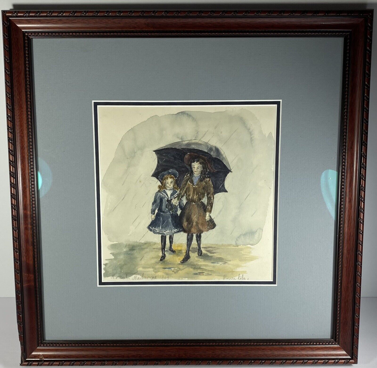 Antique Vintage 1909 Norah Mackenzie Raining Umbrella Watercolor Framed Matted