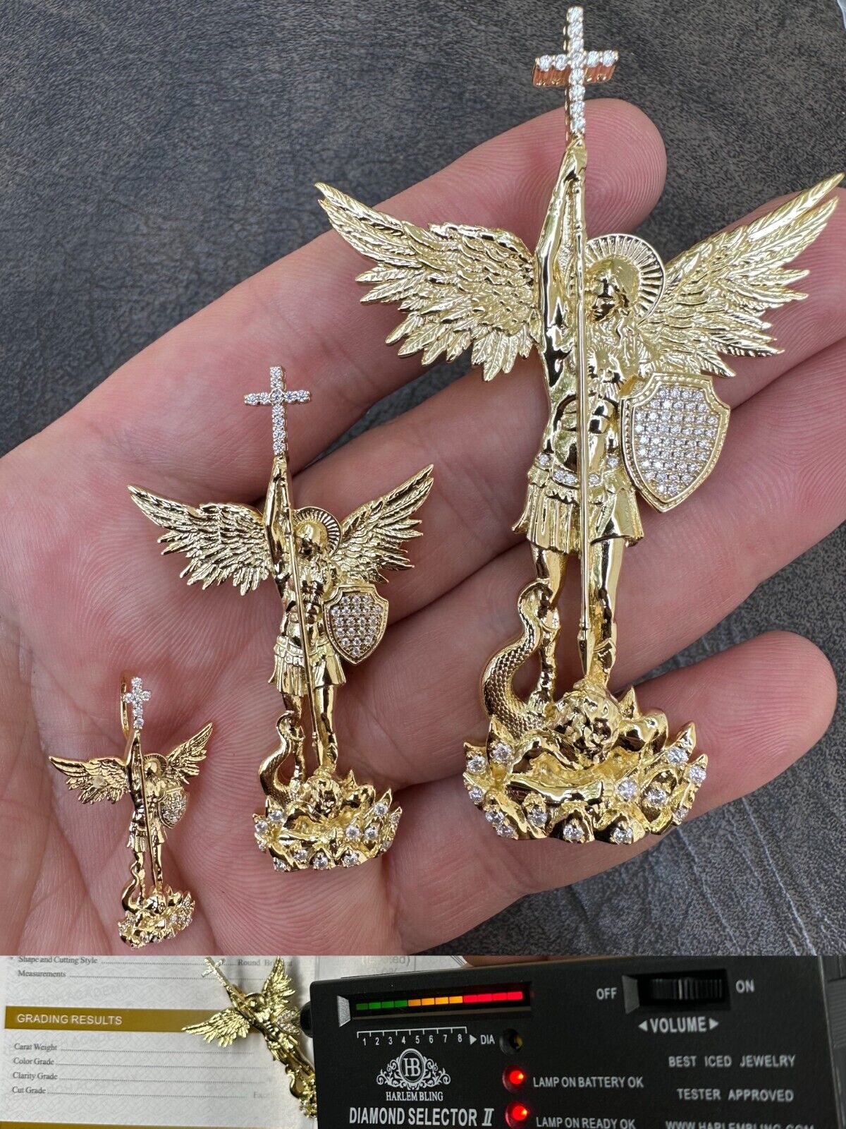 Real MOISSANITE Saint Michael Slaying Dragon Pendant 14k Gold Over 925 Silver