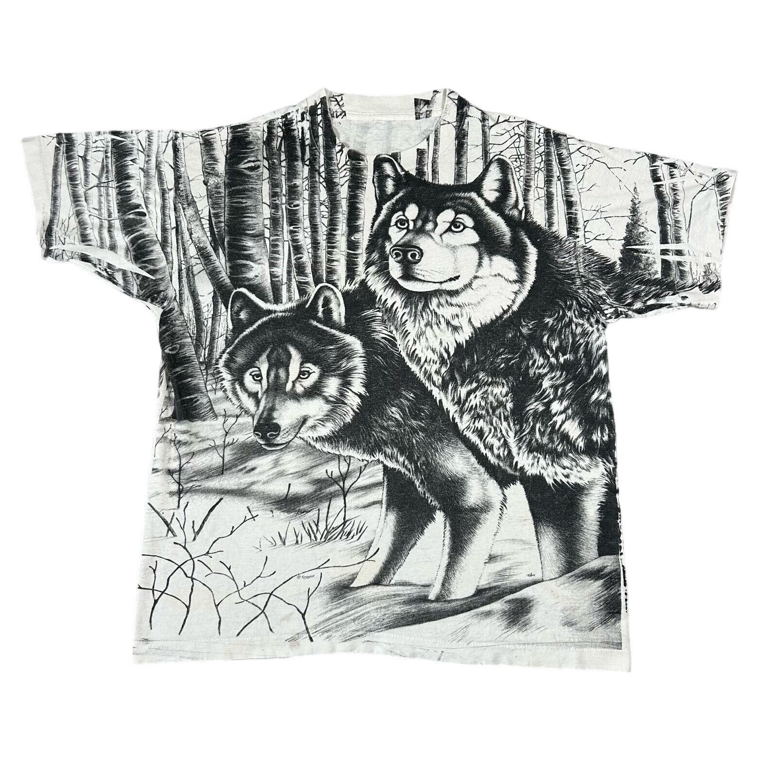 Vintage Wolf AOP Nature Outdoor Wolves Mens Medium Single Stitch White T-Shirt