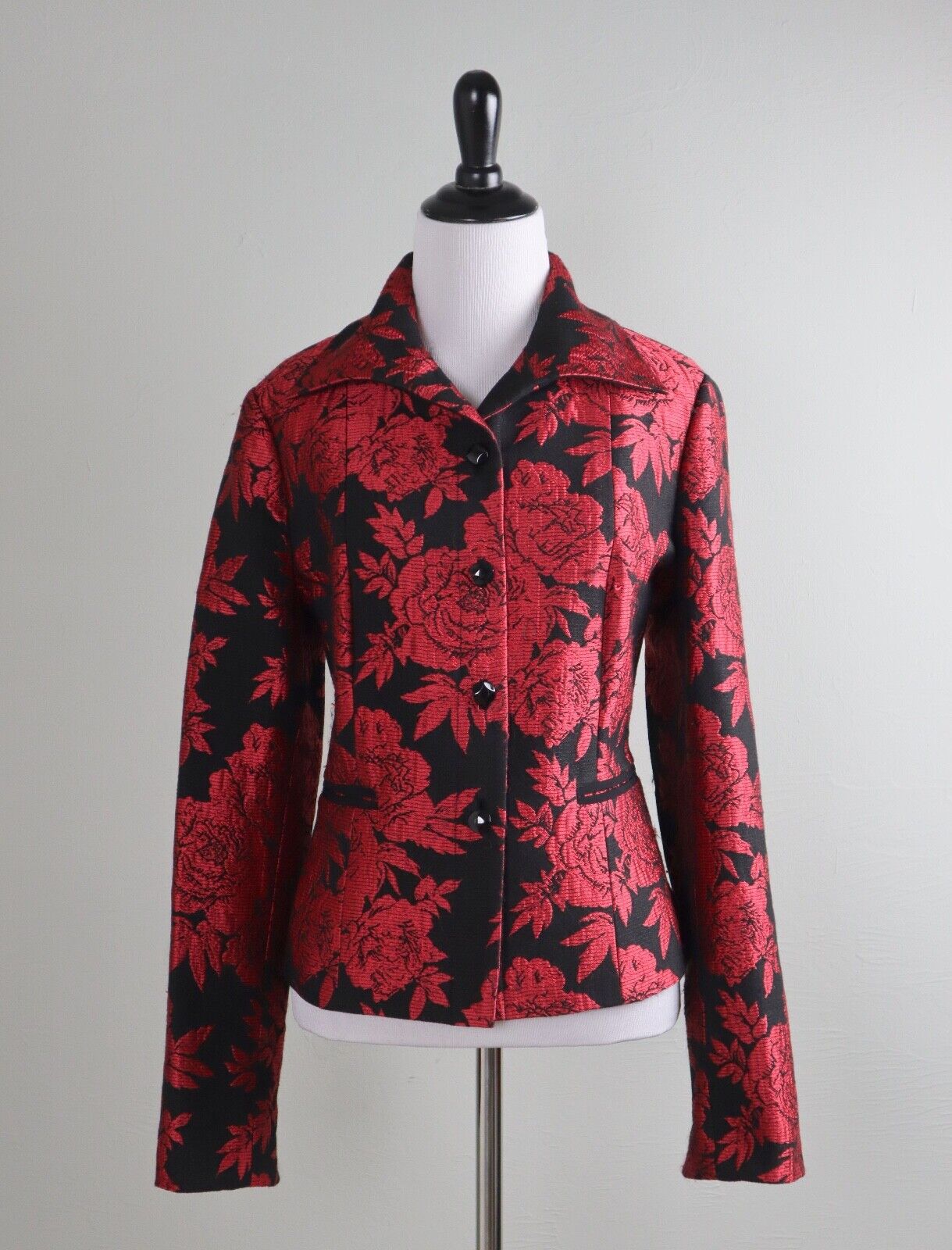 CARLISLE $498 Red Rose Floral Jacquard Lined Dressy Jacket Top Size 4