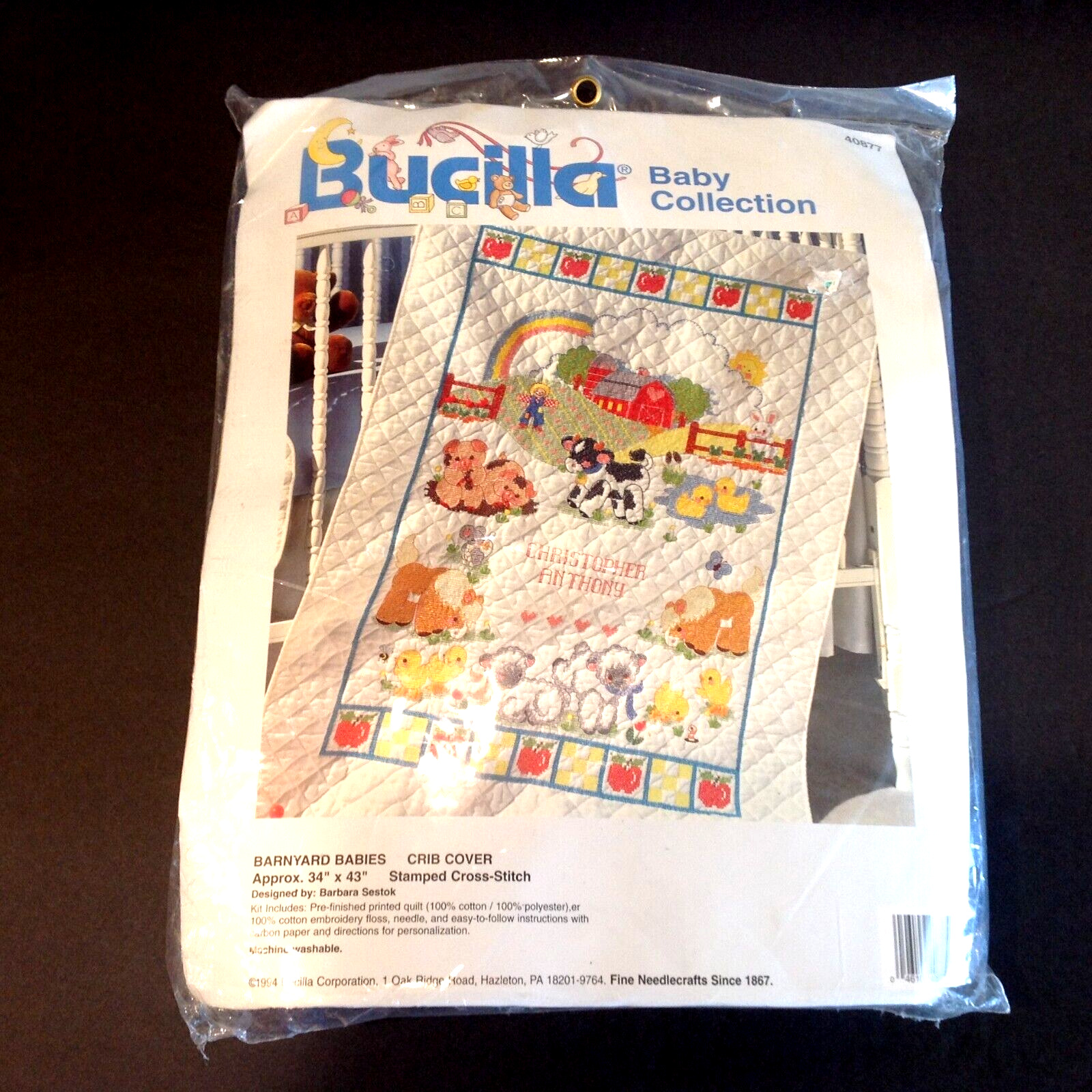 Bucilla Barnyard Babies Crib Cover Stamped Cross Stitch-1994 NOS