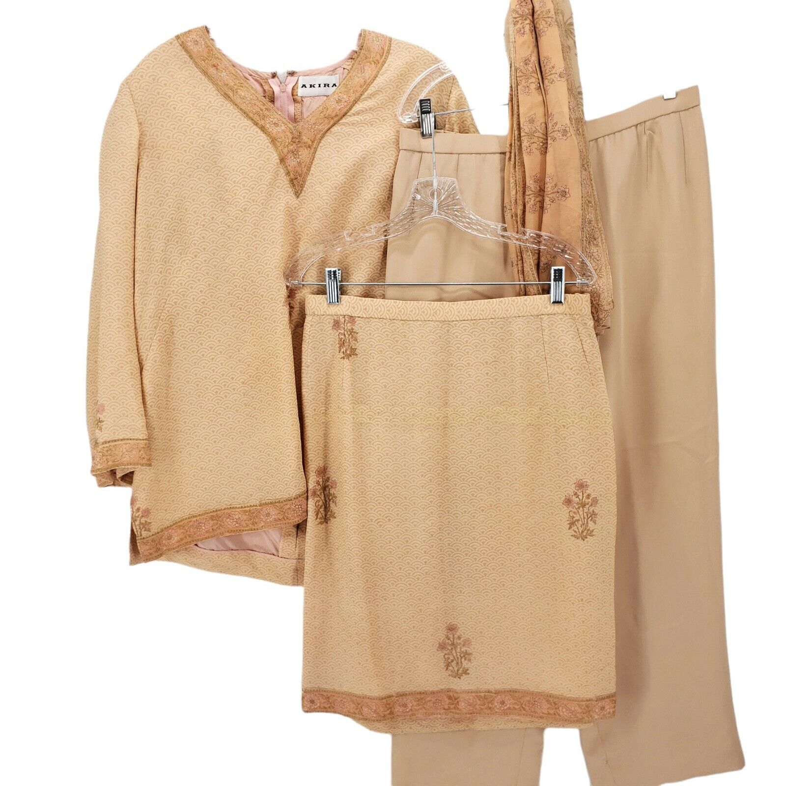 Vintage AKIRA 4-Piece Set Skirt Pants Blouse Scarf Geometric Floral Size LARGE?
