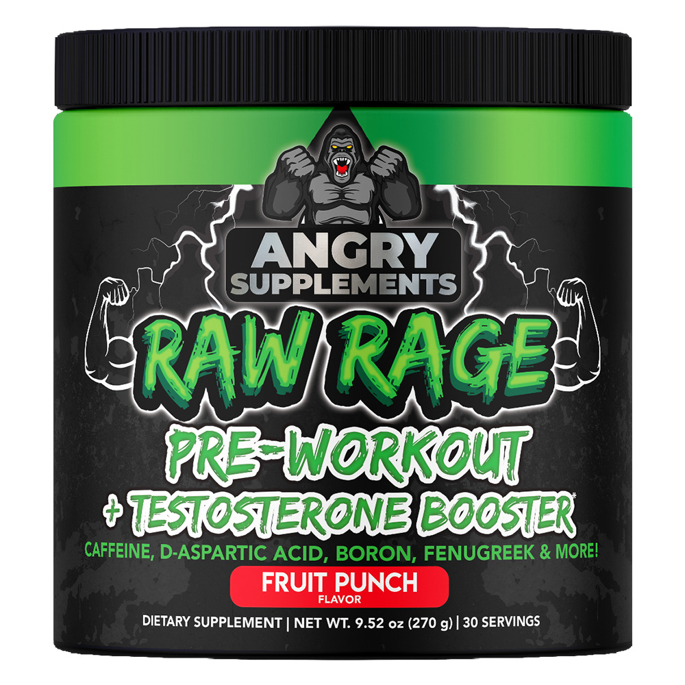 Pre Workout Powder Angry Supplements Raw Rage + Test Booster Drink, Fruit Punch