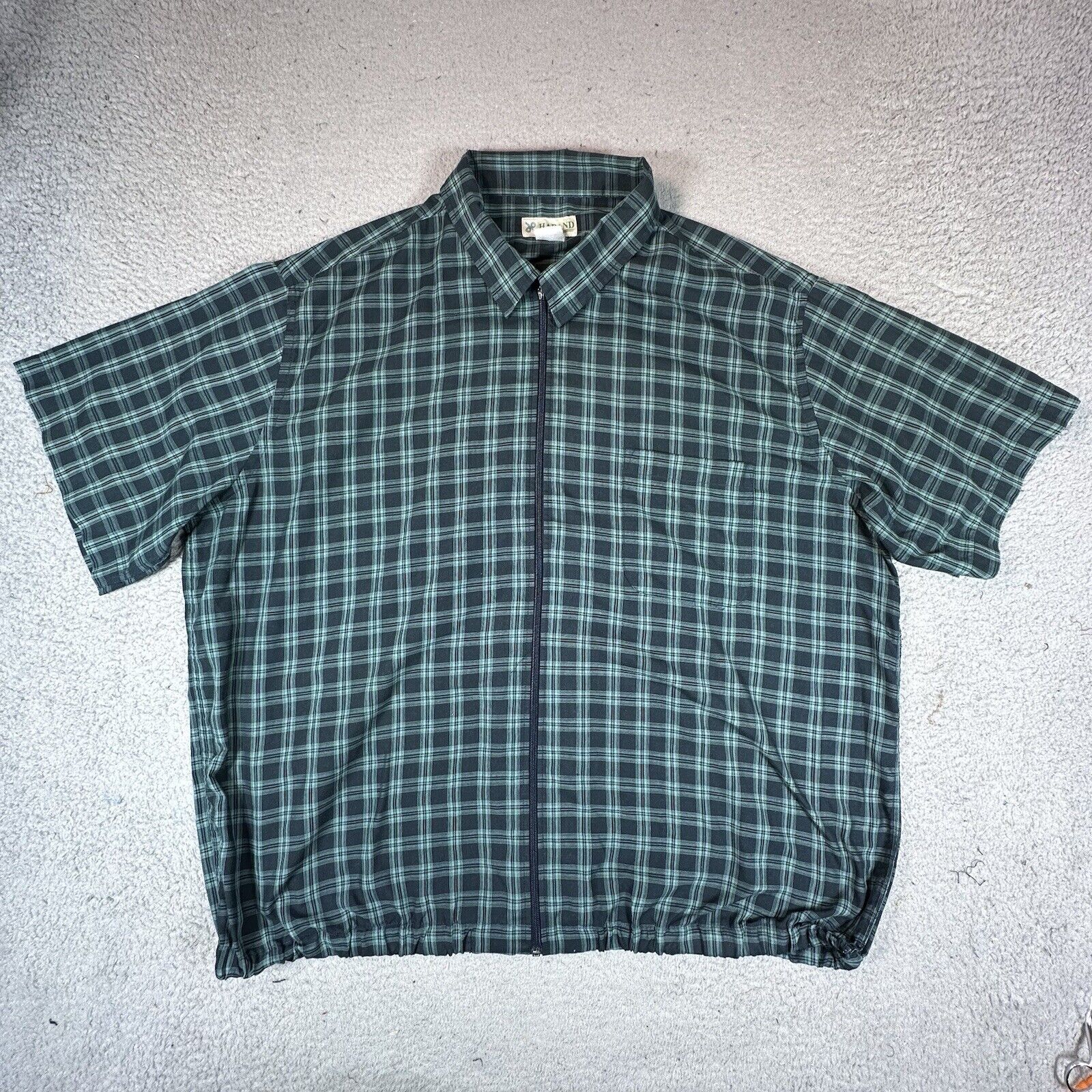 Haband Mens Shirt Size XL Green Black Plaid Zip Front Short Sleeve Vintage