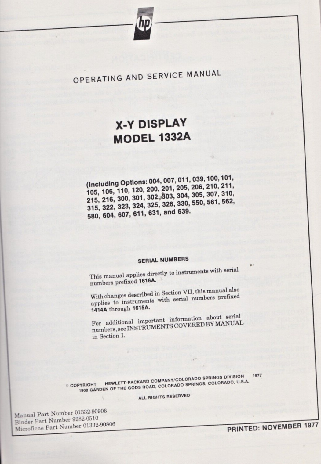 HP X-Y Display Model 1332A Operating and Service Manual November 1977 Used