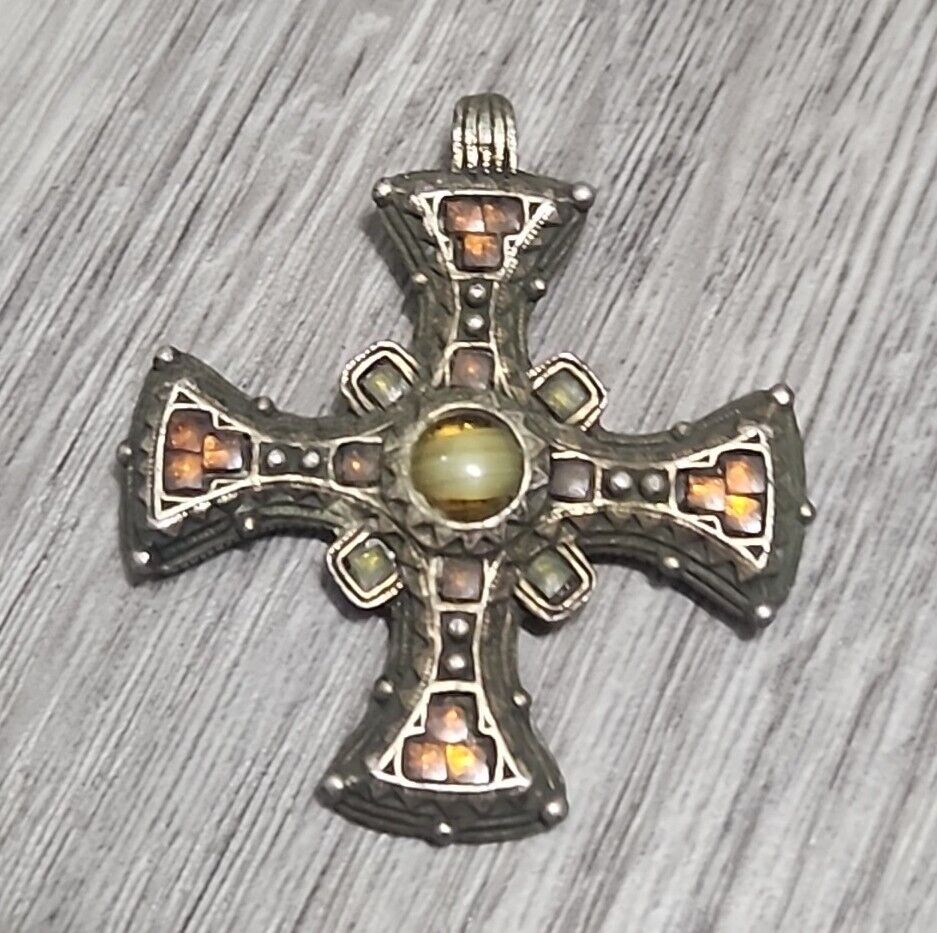 Miracle Scottish Celtic Glass Cross Necklace Pendant W/ Stones Made in England