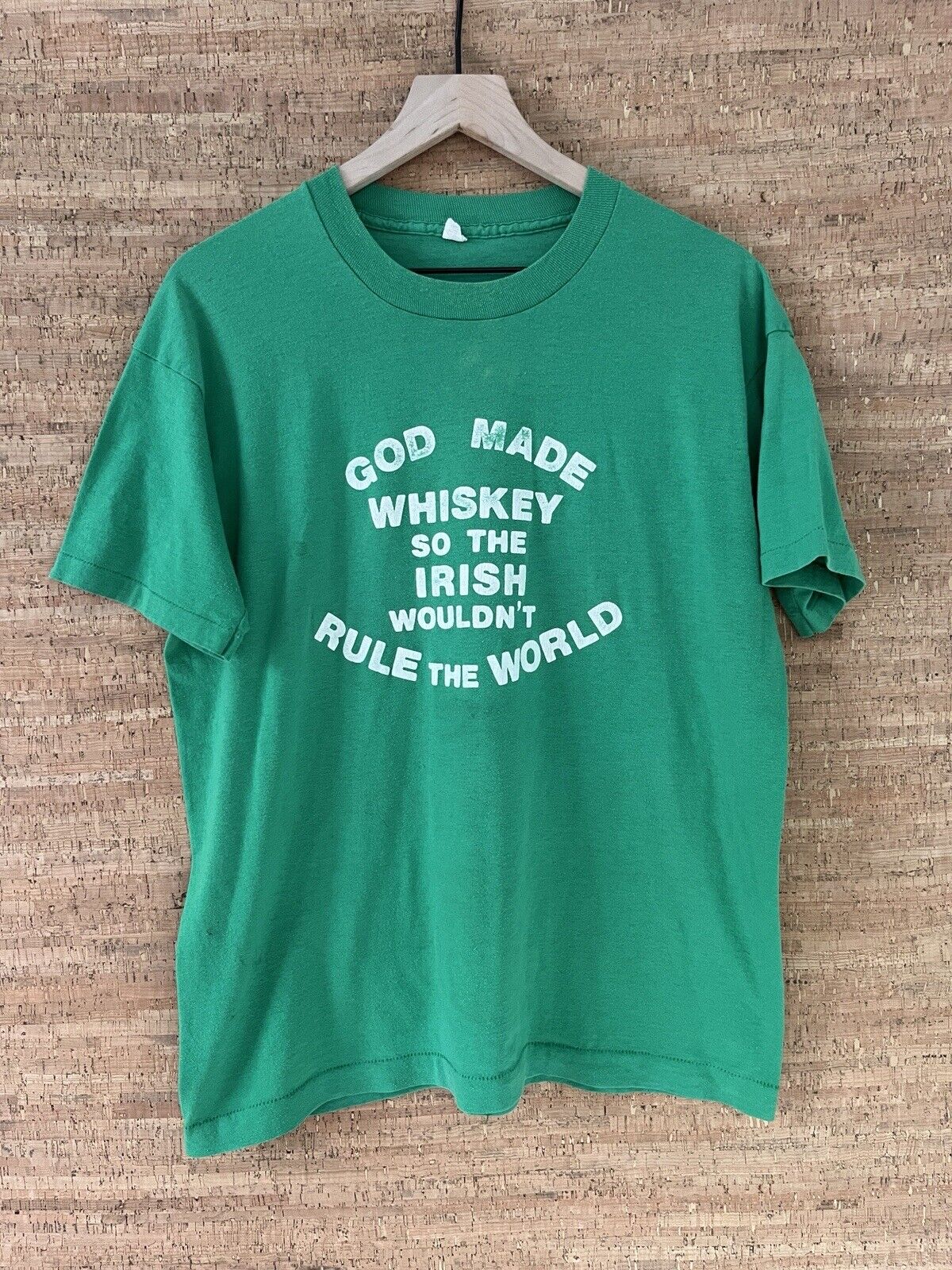 VTG Irish 1980\'s God Made Whiskey T-Shirt Size L Green Single Stitch Tee
