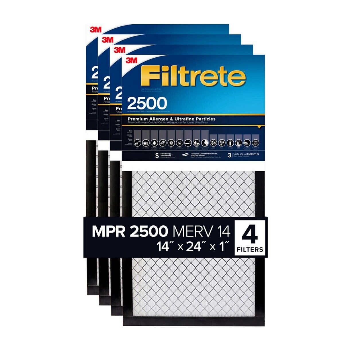 3M Filtrete MPR 2500 14x24x1 Air Filter Reduce Dust Bacteria Virus Smoke 4-Pack