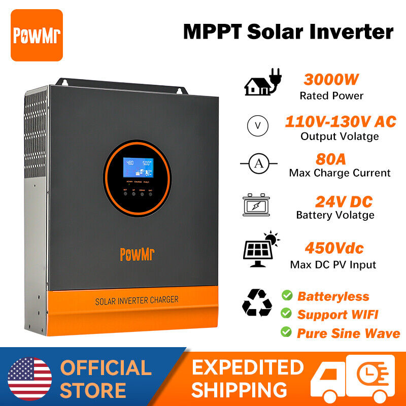 PowMr 3000W 24V Hybrid Solar Inverter 110VDC Pure Sine Wave MPPT 80A Controller