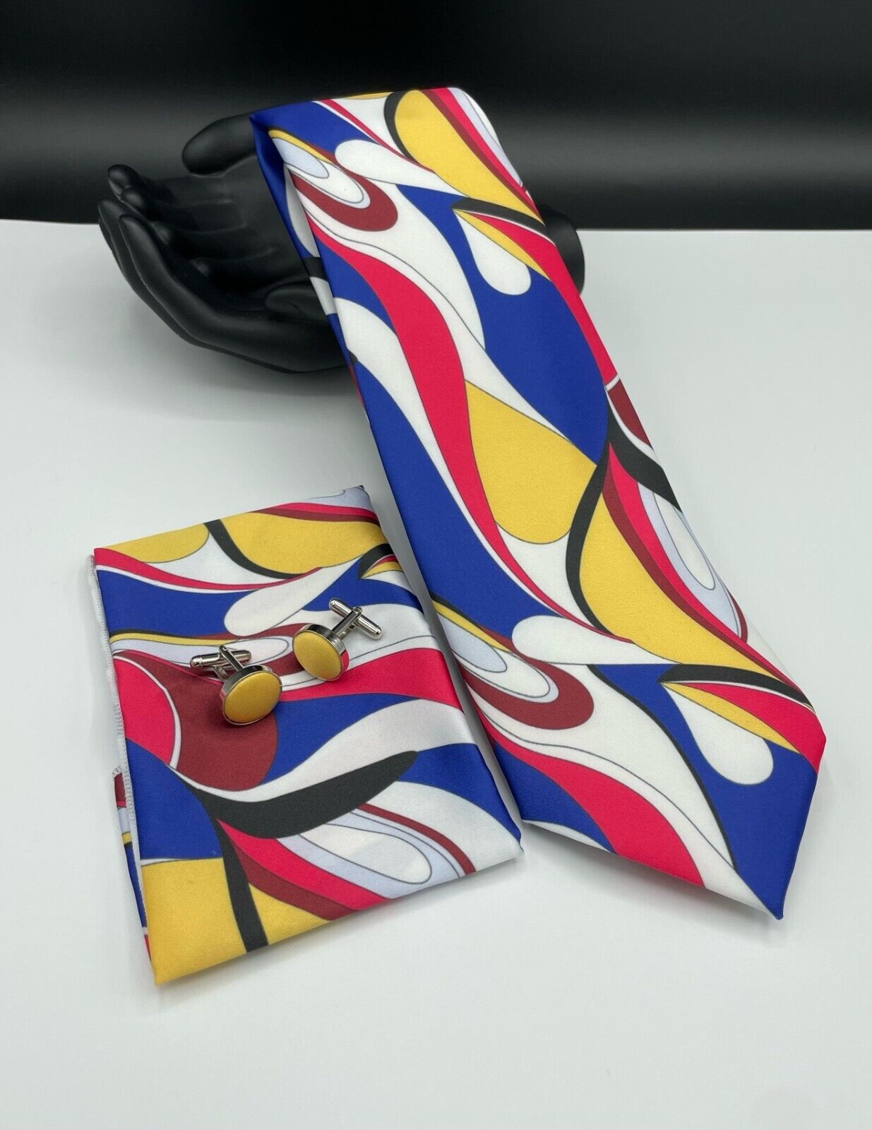 Barry Wang Men\'s 100% Silk Tie + Hanky + Cuff Links  ~ Multicolor ~ Designer