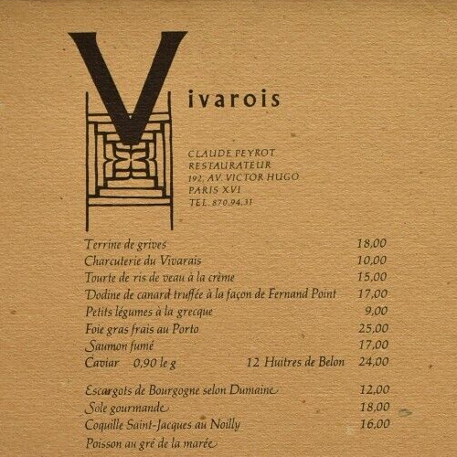 Vintage 1967 Vivarois Restaurant Menu Avenue Victor Hugo Paris France