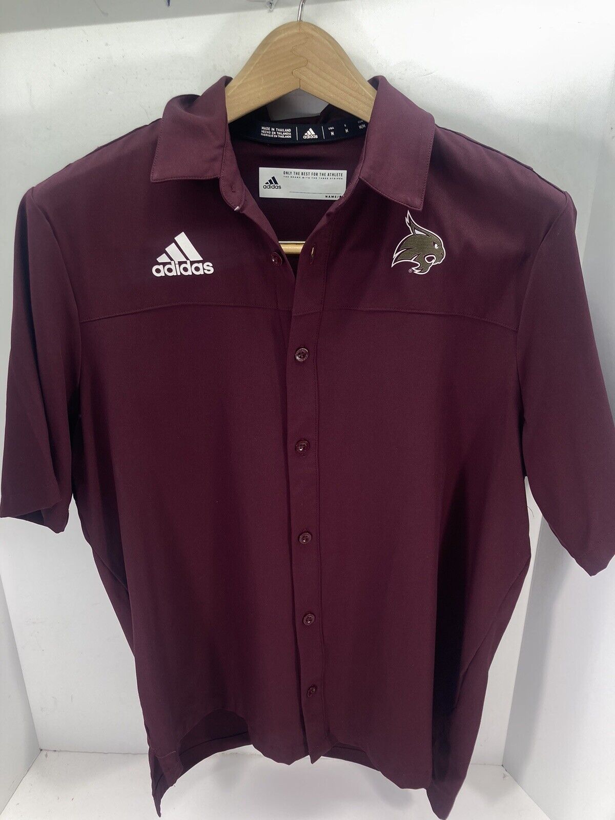Texas State University Bobcat Adidas Shirt Men Medium Maroon Button Short Sleeve