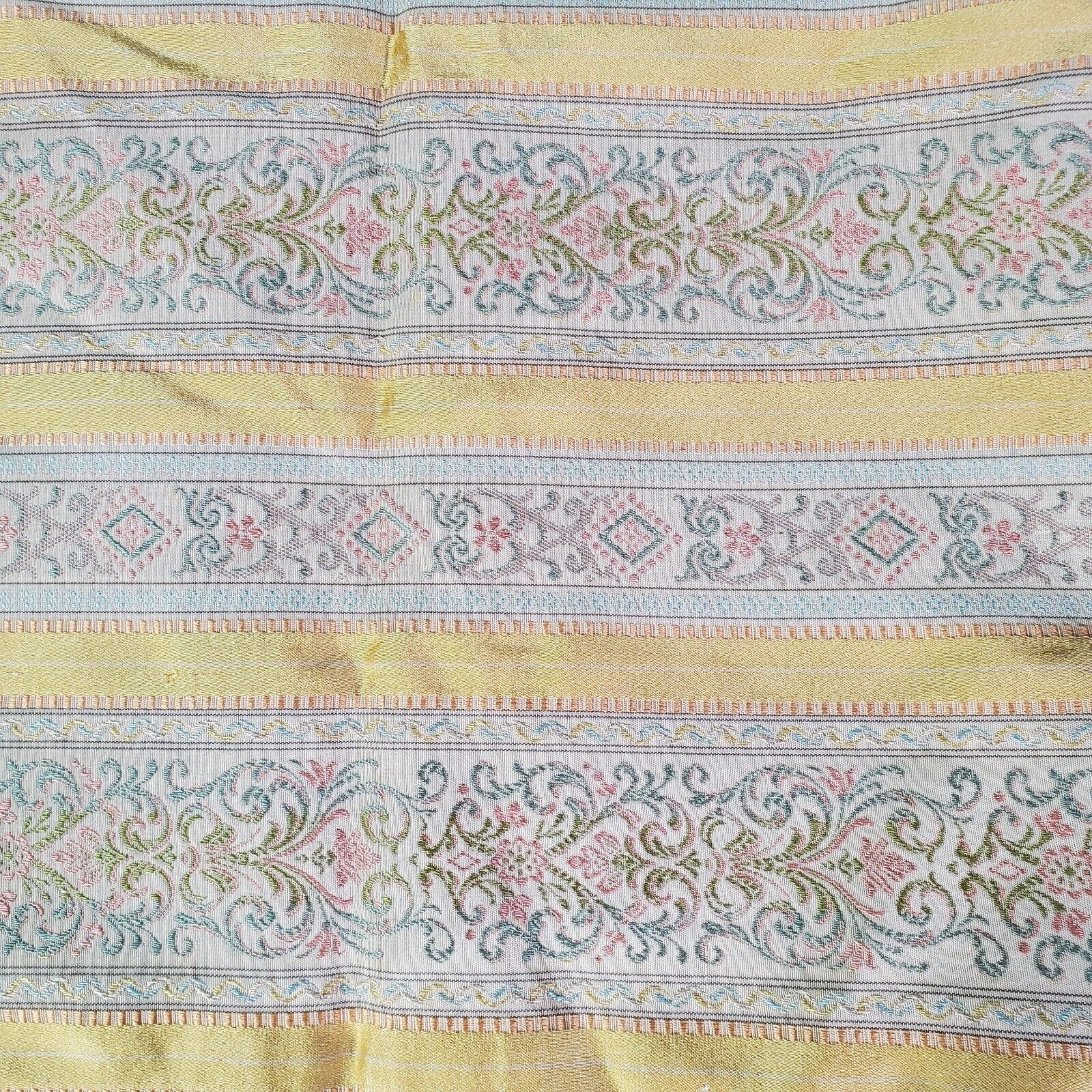 Antique French Regency Floral Stripe Silk Brocade Jacquard Fabric Yellow