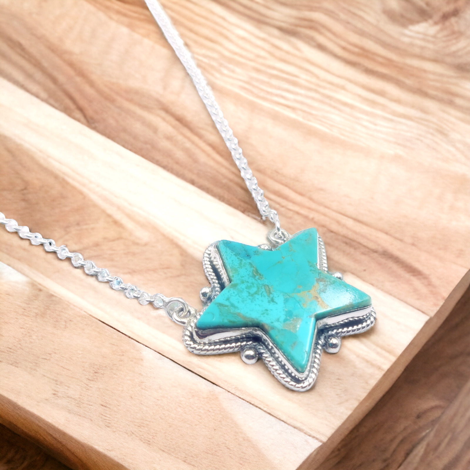 Beautiful Southwest Handmade Turquoise 925 Sterling Silver star Bar Necklace