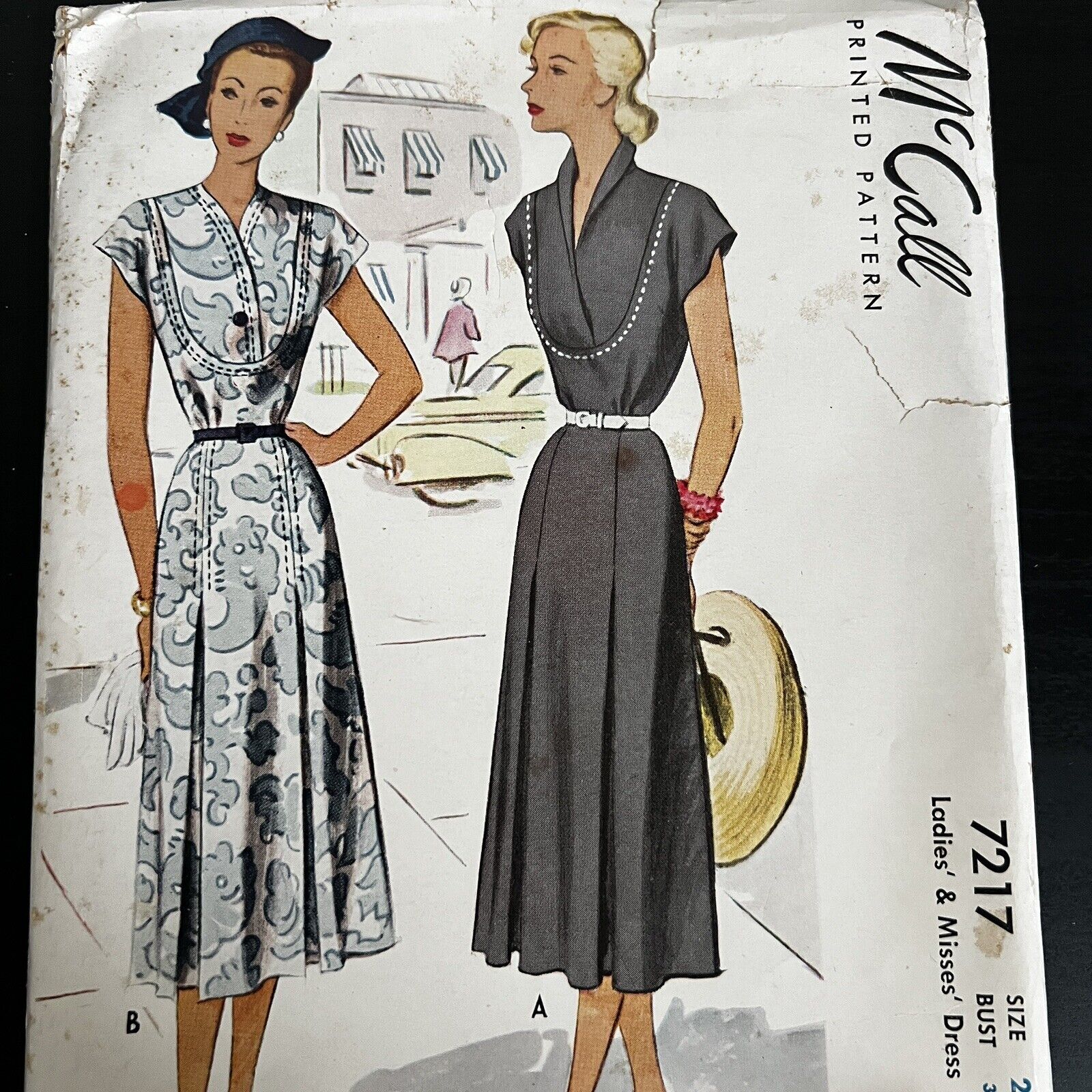 Vintage 1940s McCalls 7217 Cap Sleeve Yoked Dress Sewing Pattern 20 M/L UNCUT