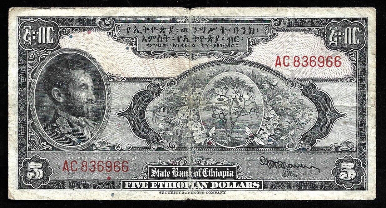 World Paper Money - Ethiopia 5 Dollars ND 1945 P13a Sig Blowers @ Fine Cond.