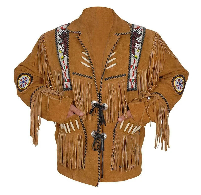 Men Western Style Cowboy leather jacket with Fringe Suede Beaded Coat-Tan Brown