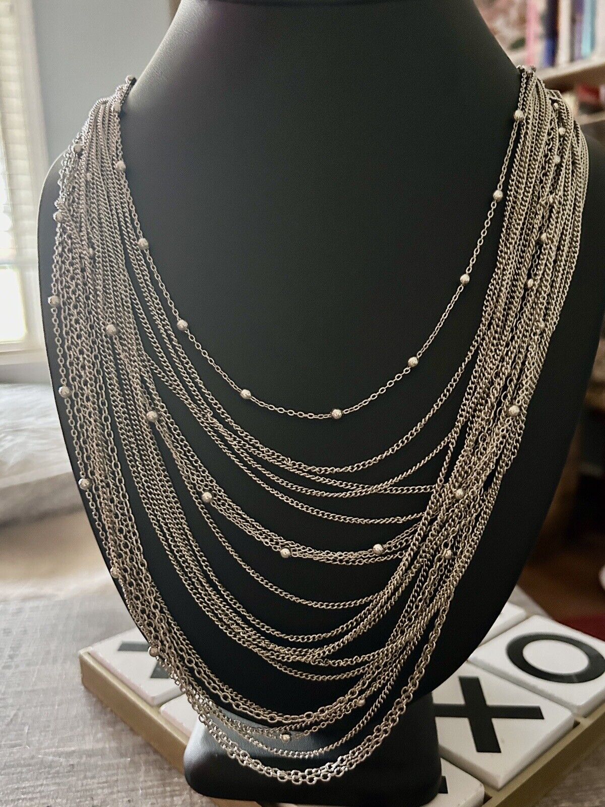 GORGEOUS Multi Chain Silver Tone TIERED Necklace  LAYERED TREND QUALITY PIECE