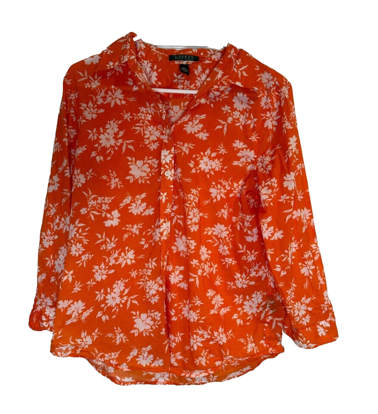 Lauren Ralph Lauren Orange Floral Cotton  Button Down Blouse women’s  LG