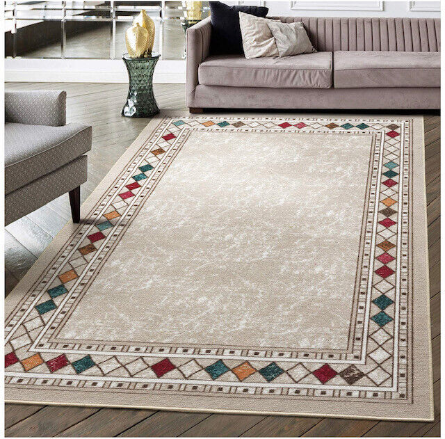 Alfombras Bordered Modern Non-Slip Low Pile Rubber Backing Indoor Area Rugs