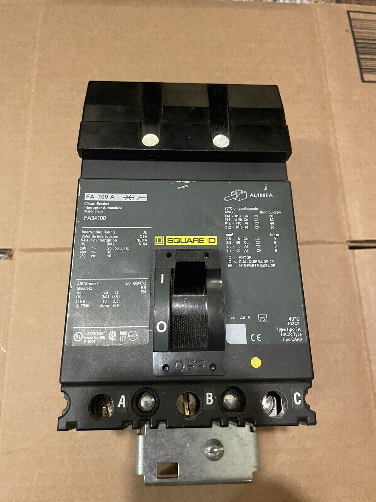 SQUARE D FA34100 3 Pole Circuit Breaker 100a 480 VAC 50/60  New Surplus