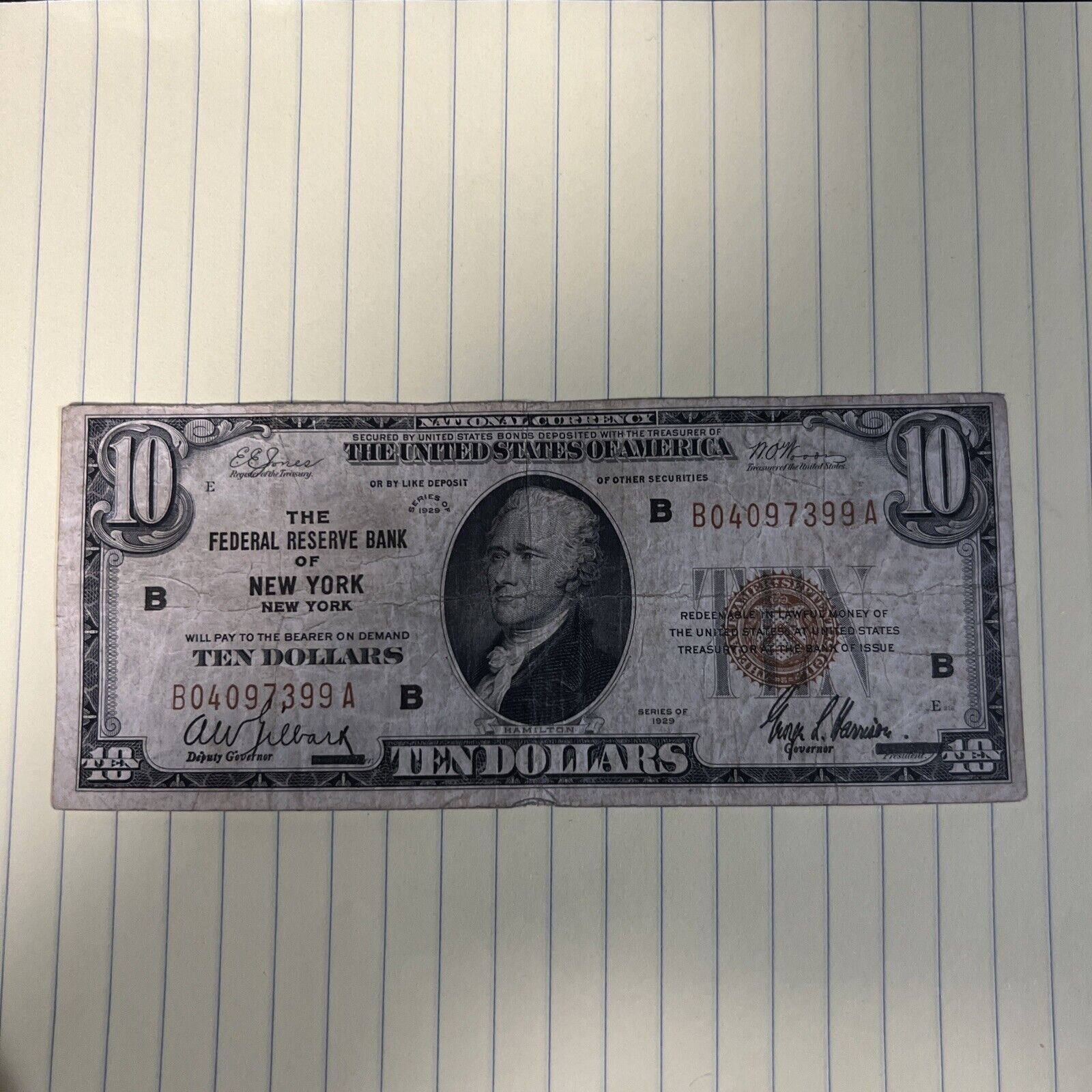 1929 $10 Dollar Bill Federal Reserve Bank of New York - BROWN SEALi
