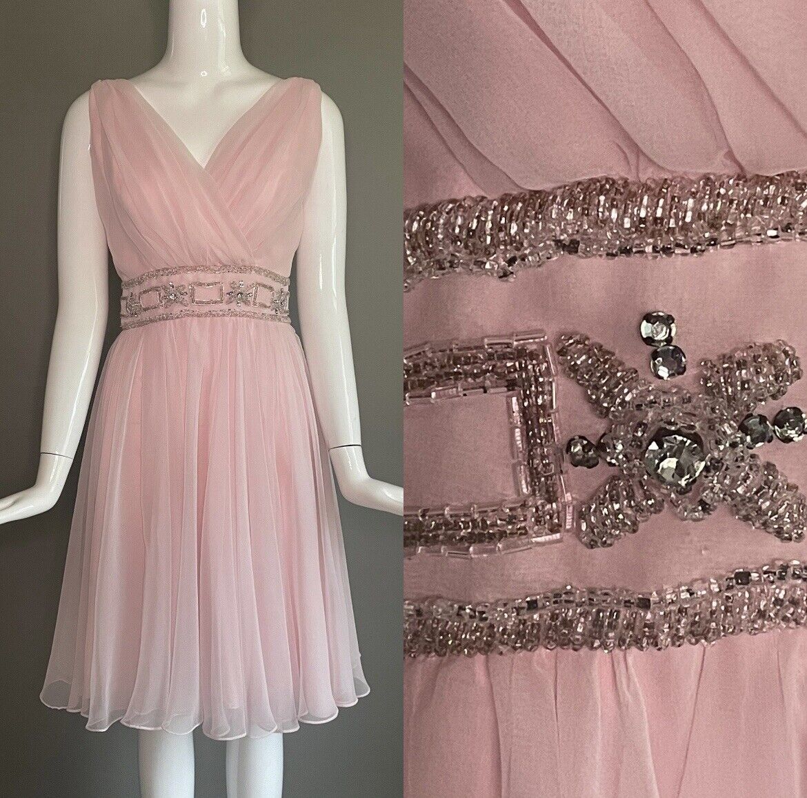 Miss Elliette Party Dress Size S Pink Chiffon 1960\'s Vintage