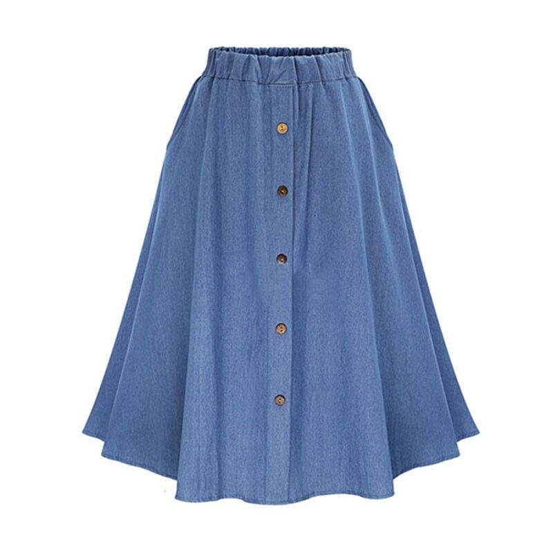 Women Retro Solid Color Button Denim Midi Swing Skirt High Waist Casual Dress