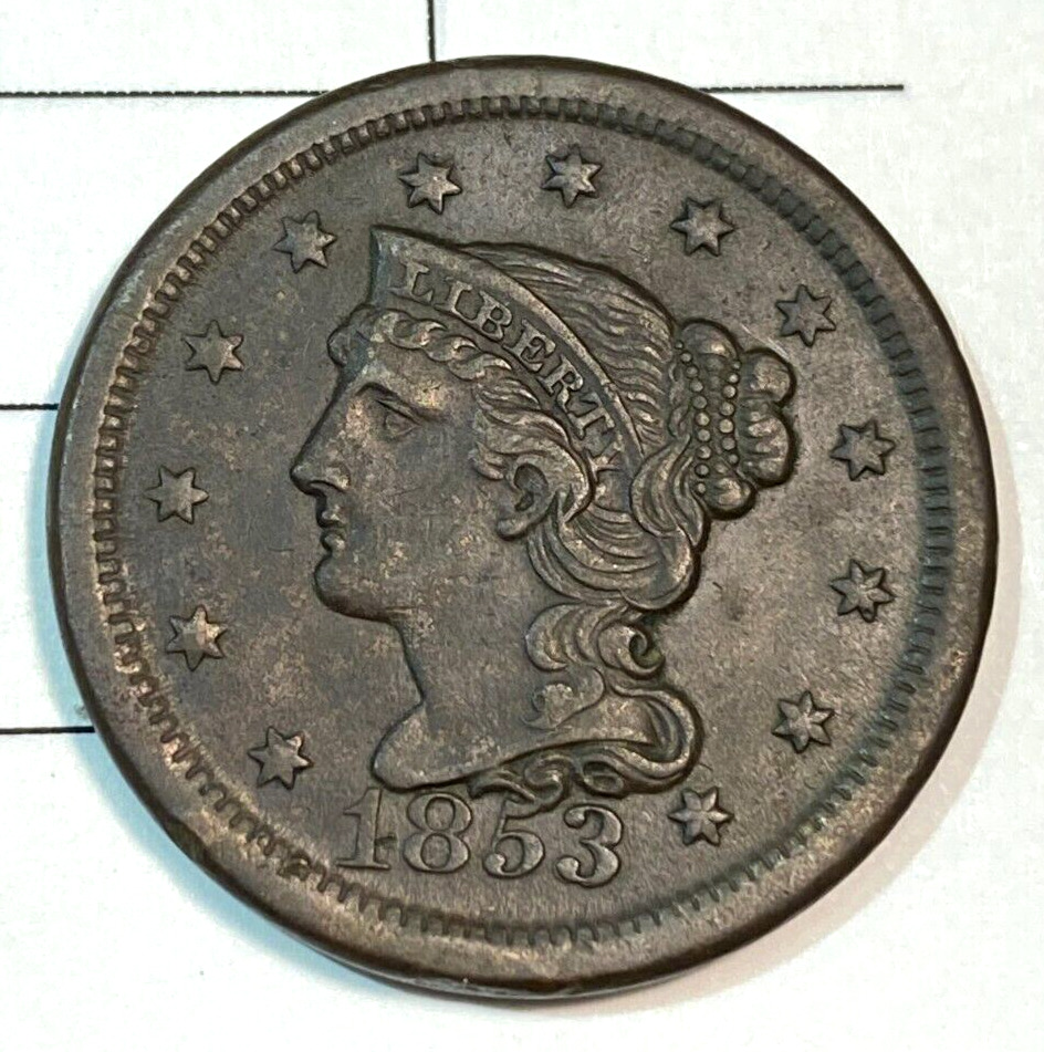 1853/3 Large Cent Nice Original AU CHRC