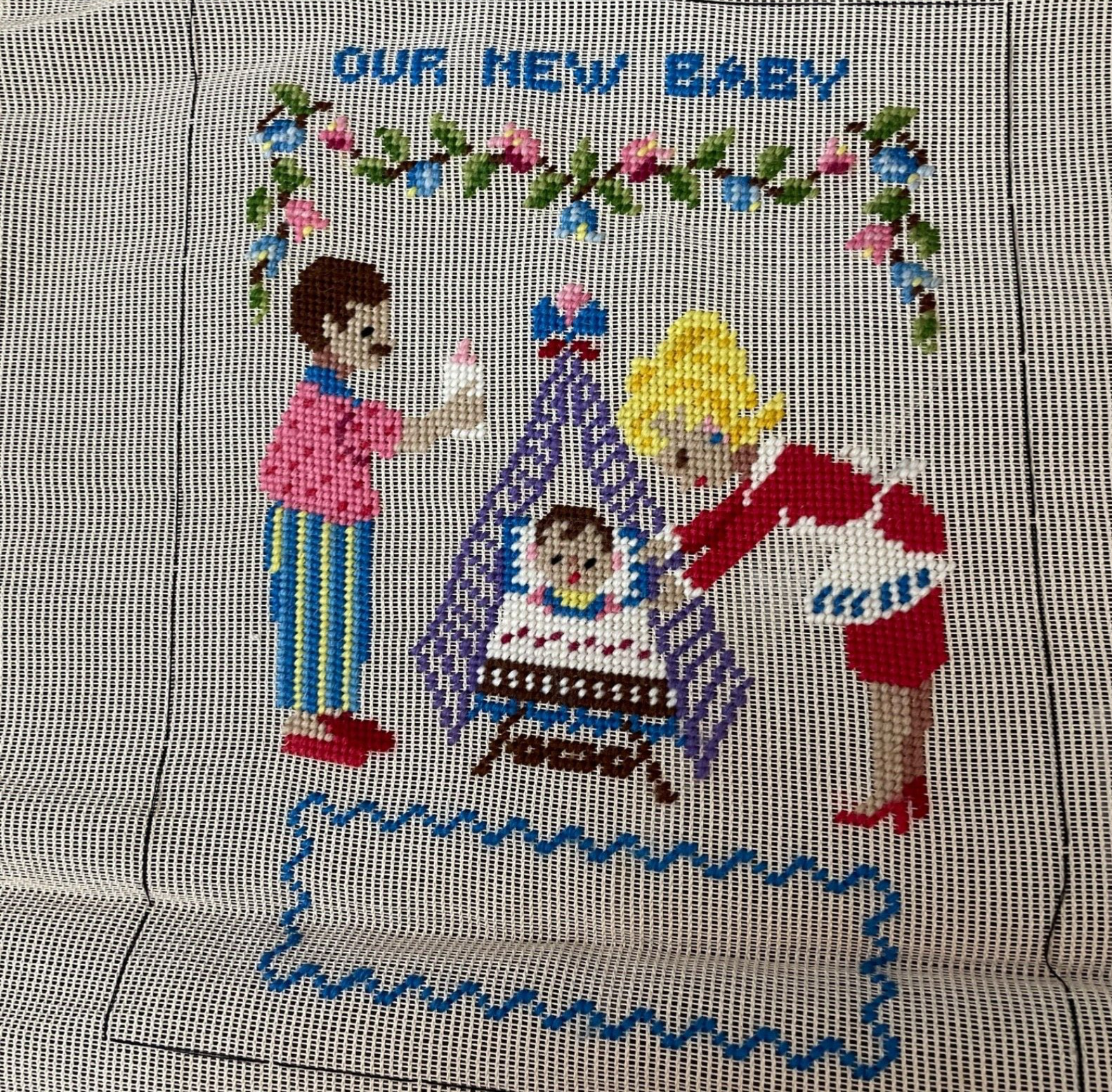 VTG Bucilla Needlepoint Started Our New Baby 16 X 20 Needs Background Done