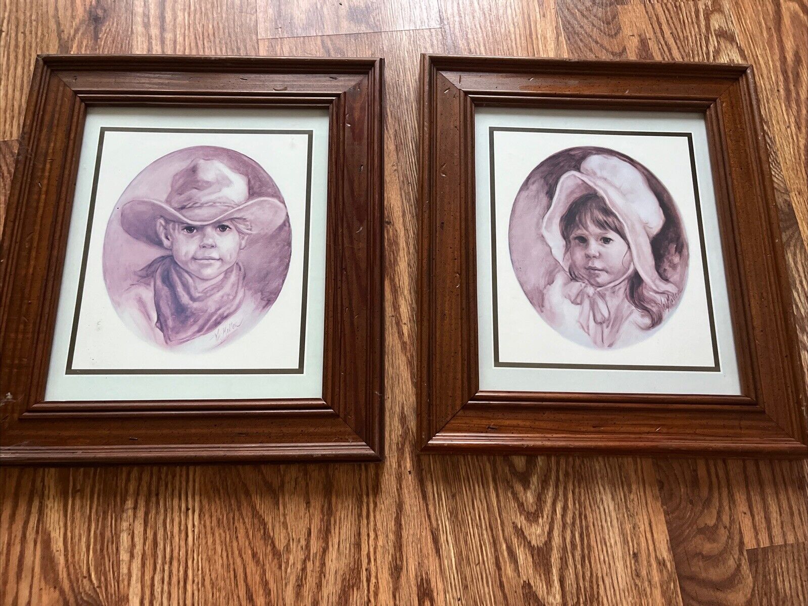 Vintage Framed Artist Vel Miller Cowboy & Prairie Girl Pictures