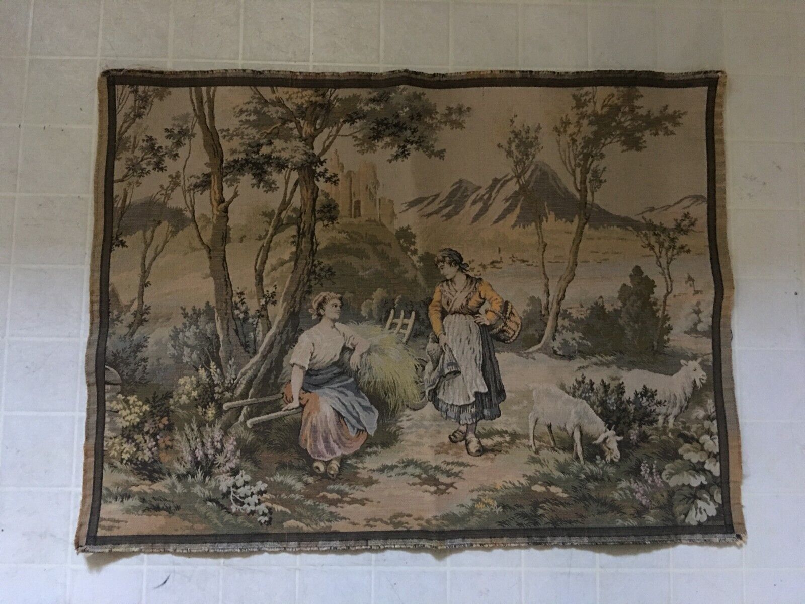 Vintage 1930s French Chateau wall tapestry wall hanging Ladies Sheep Castles 26\