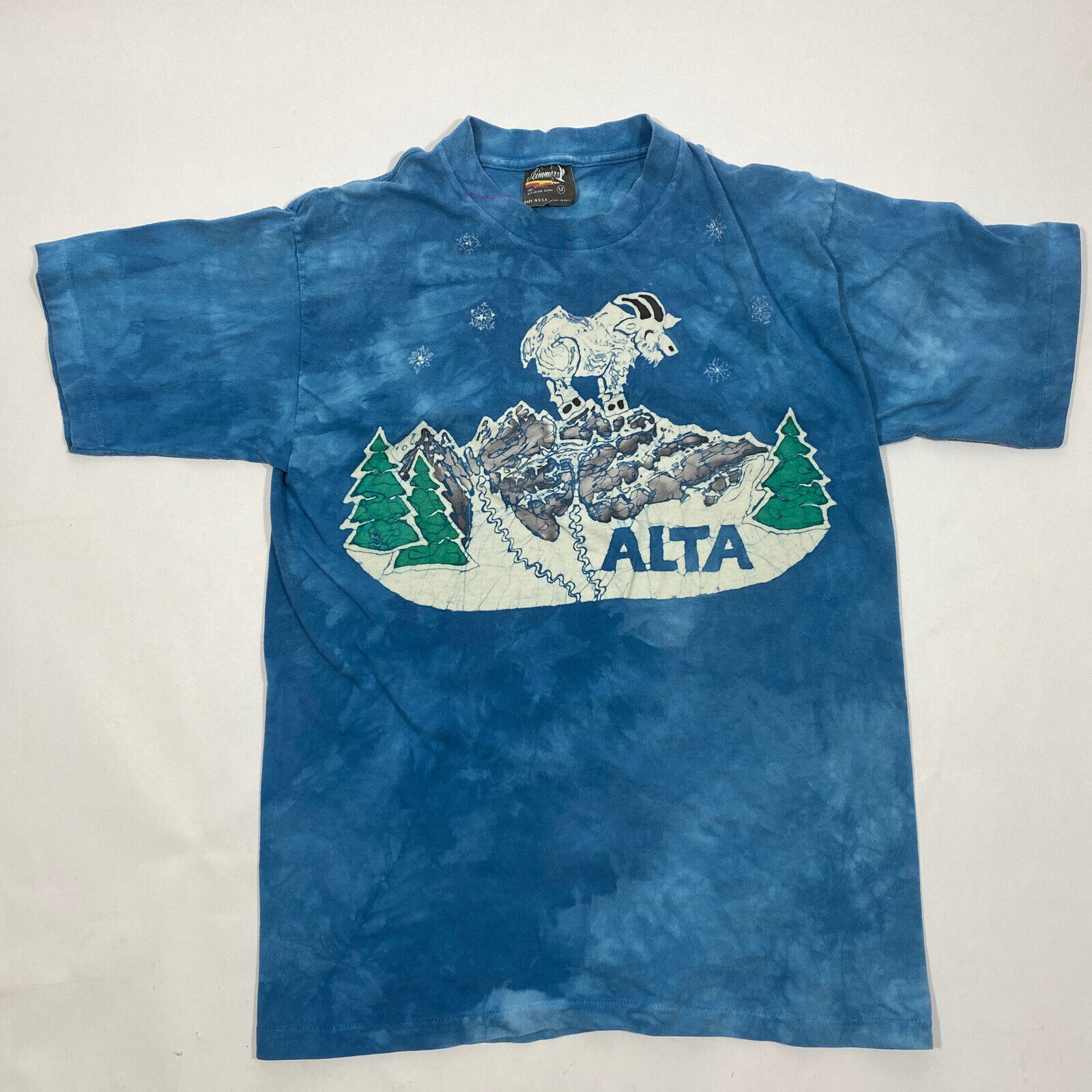 Vtg 90s Tie Dye Batik Goat T-Shirt Mens Medium Blue Single Stitched Made in USA