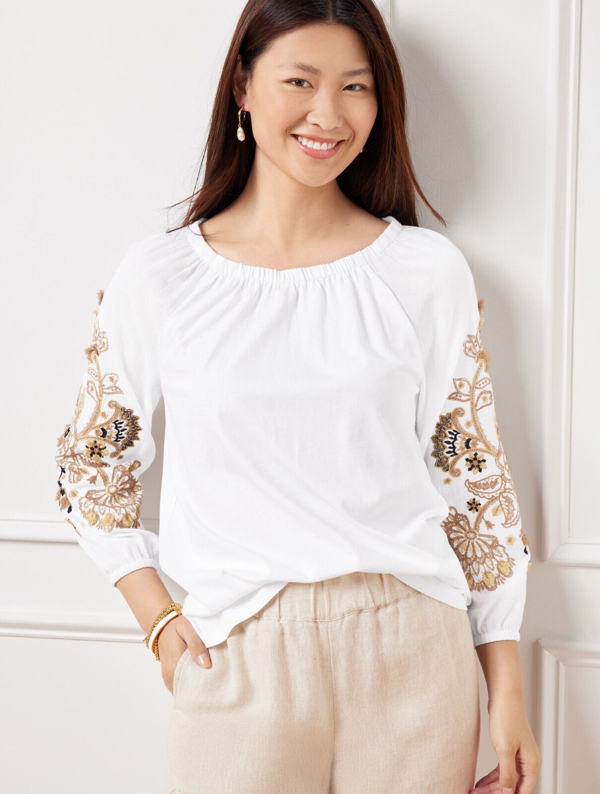 EMBROIDERED BLOUSON SLEEVE TOP at Talbots, NWT $79.50