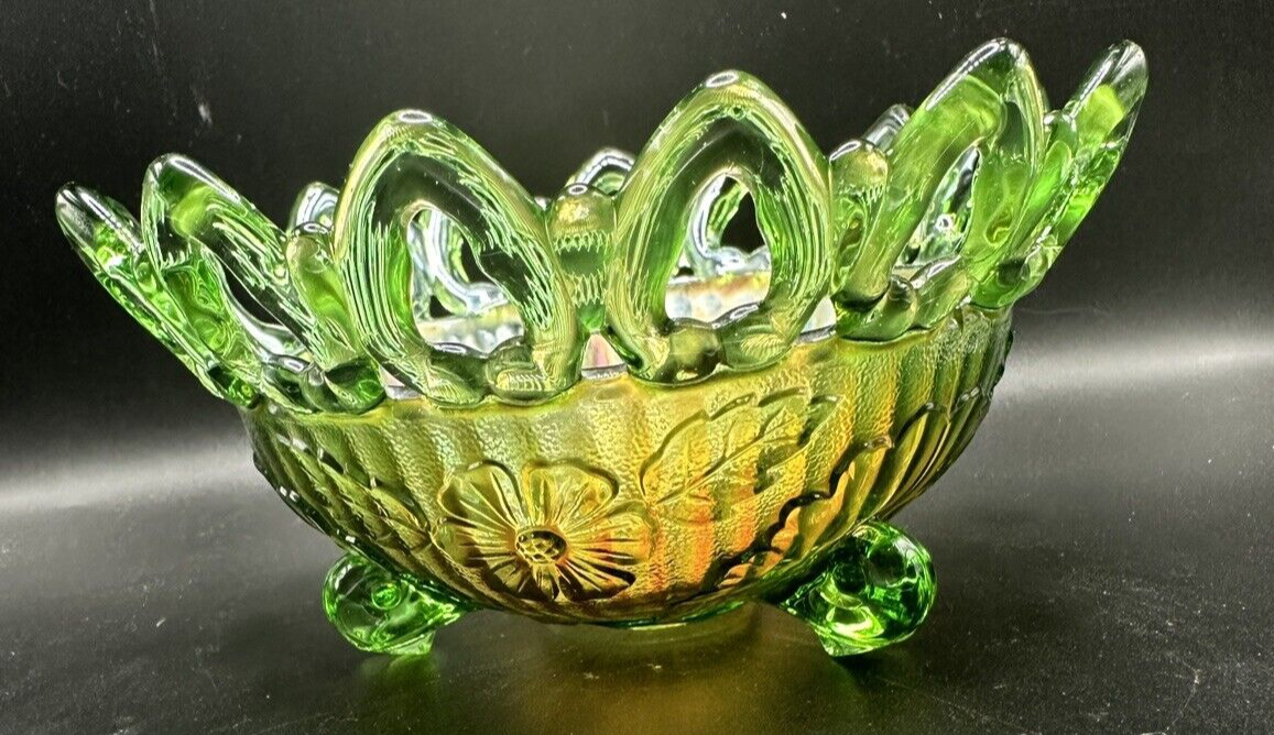 Antique Northwood Green Ombre Carnival Glass Reticulated Bowl Wild Rose MINT