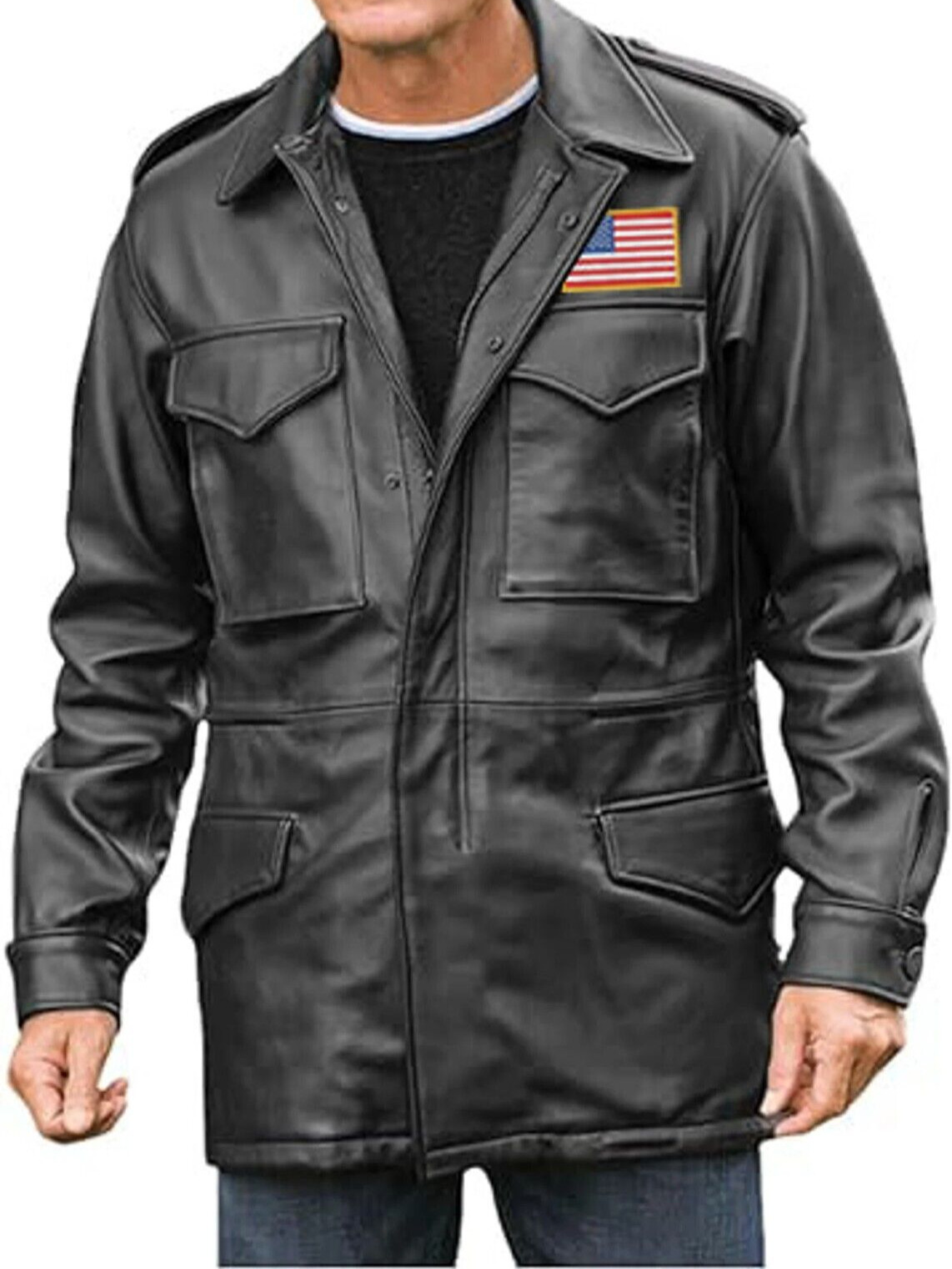 Men's Leather Jacket Coat M65 Field Black Genuine Lambskin Real Leather Coat